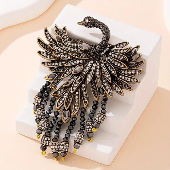 HEIDI DAUS AMAZING BLACK SWAN RHINESTONE MARCASITE W/ CRYSTAL DANGLES BROOCH 45 - Picture 4 of 5
